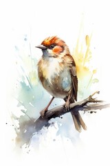 Chirpy sparrow with a cheerful expression watercolor. AI generated