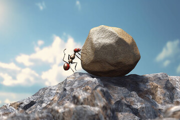 Persistent Ant Sisyphus Rolls Stone Uphill on Mountain - Created with Generative AI Tools