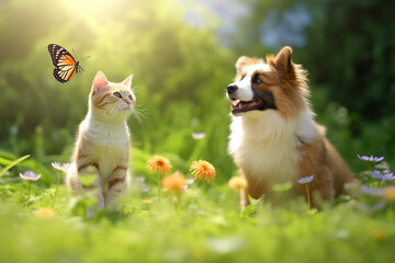 Naklejka na ściany i meble Playful Cat and Dog Catching a Flying Butterfly in a Sunny Summer Garden - Created with Generative AI Tools