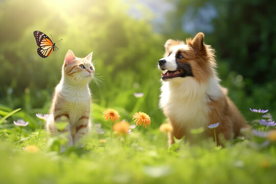 Playful Cat and Dog Catching a Flying Butterfly in a Sunny Summer Garden - Created with Generative AI Tools