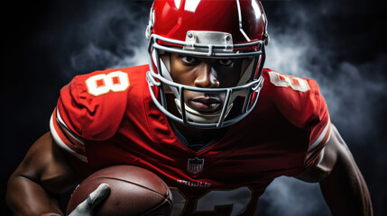 American football player with the ball and wearing a helmet