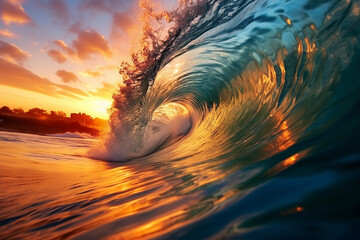 Vibrant Ocean Wave in Crest Shape with Beautiful Sunset Light and Clouds - Created with Generative AI Tools