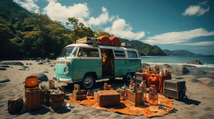 Classic van on the beach and the mountain background