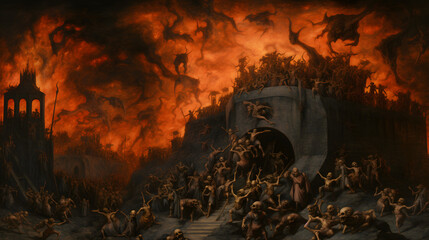 Hell: Visions from the Depths: Captivating Renaissance-Inspired Ancient Style Painting of Hell, Inferno