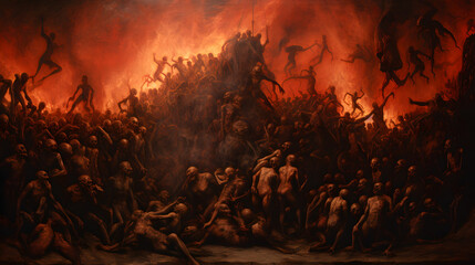Hell: Visions from the Depths: Captivating Renaissance-Inspired Ancient Style Painting of Hell, Inferno - obrazy, fototapety, plakaty