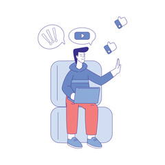 Smiling Man Character Use Social Media Sitting at Laptop Vector Illustration