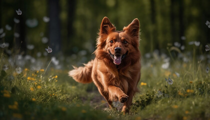 Naklejka premium Fluffy puppy playing in meadow with sunlight generated by AI