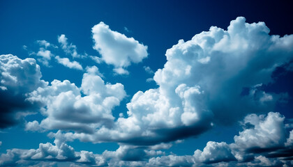 Fluffy cumulus clouds float in bright sunlight generated by AI