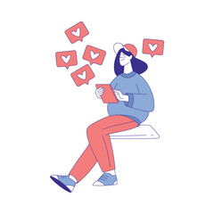 Woman Character Use Social Media Sitting with Tablet Like Post Vector Illustration
