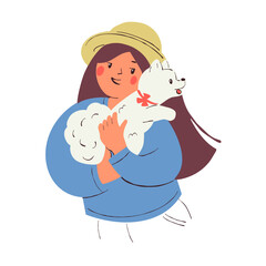 A girl with a white dog in her arms. Vector illustration in cartoon style.
