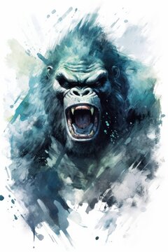 Courageous gorilla with a powerful frame watercolor . AI generated