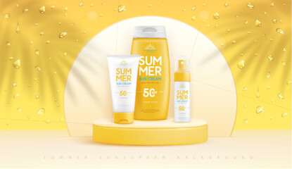 Summer background with 3d set of sunscreens and palm leaf shadow. Colorful summer scene. Vector illustration