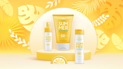 Summer background with 3d set of sunscreen tubes and tropic leaves. Colorful summer scene. Vector illustration