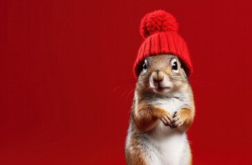 Photorealistic full-body chipmunk wearing red knitted beanie on red studio background. AI generative