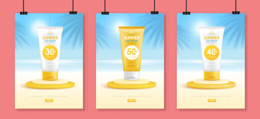 Set of summer posters with 3d stage, sunscreen tubes and ocean landscape. Colorful summer scene. Vector illustration