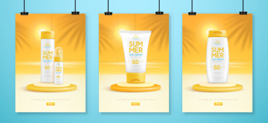 Set of summer posters with 3d stage, sunscreen tubes and ocean landscape. Colorful summer scene. Vector illustration