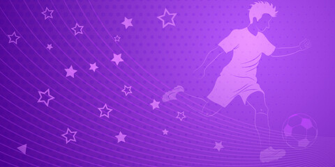 Obraz na płótnie Canvas Abstract soccer background with a football player kicking the ball and other sport symbols in purple colors