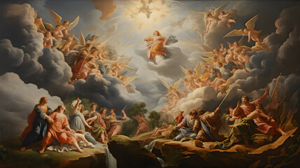 Renaissance-Inspired Ancient Style Painting of Heaven, Celestial Serenity Unveiled: Enchanting - obrazy, fototapety, plakaty