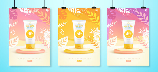 Set of summer posters with 3d stage, sunscreen tubes and tropic leaves. Colorful summer scene. Vector illustration