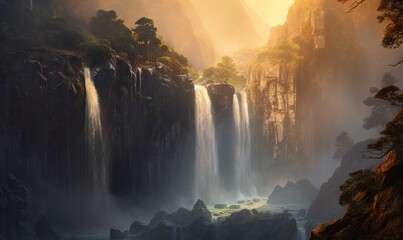  a large waterfall with lots of water coming out of it's sides in a forest at sunset or sunrise or dawn with mist coming from the top of the waterfall.  generative ai