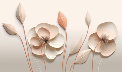  a group of three flowers with leaves on a white background with a light pink background and a light pink background with a light pink background.  generative ai