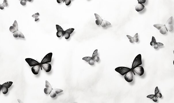  a group of black and white butterflies flying in the air with a white background and a black and white photo of the butterflies in the air.  generative ai