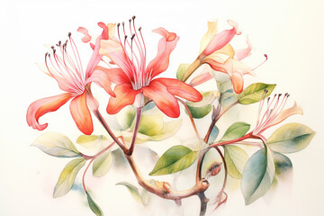 Delicate Honeysuckle watercolor illustration. AI generated