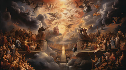 Renaissance-Inspired Ancient Style Painting of Heaven, Celestial Serenity Unveiled: Enchanting - obrazy, fototapety, plakaty