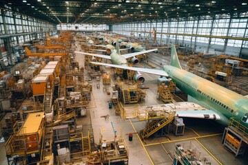 inside factory of airplanes a lot fo machines AI Generated