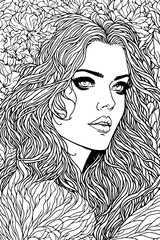 Coloring book antistress for children and adults. Coloring Page with Beautiful Woman with Flowers For Kids and Adults .Zen-tangle style. Hand draw