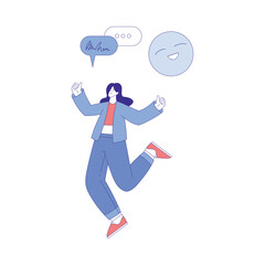 Woman Character Use Social Media Jumping with Joy Showing Thumb Up Vector Illustration