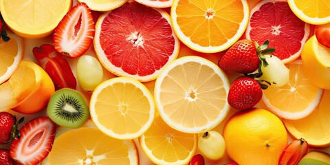 Fototapeta na wymiar Generative AI. Photo of Background of colourful fresh fruits. Bright background of tropical fruits. 