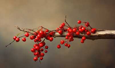 Fototapeta na wymiar a branch with red berries on it against a gray background with a blurry background of a branch with red berries on it against a gray background with a blurry background. generative ai