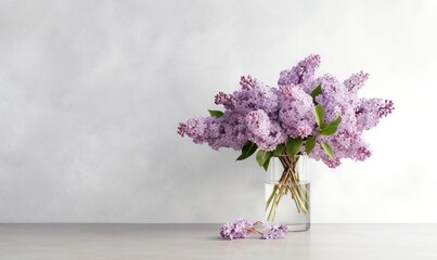  a vase filled with purple flowers on top of a table next to a white wall and a white wall behind it and a white wall behind it.  generative ai