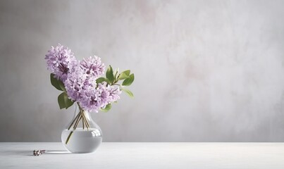  a white vase filled with purple flowers on top of a white counter top next to a gray wall and a gray wall in the background.  generative ai