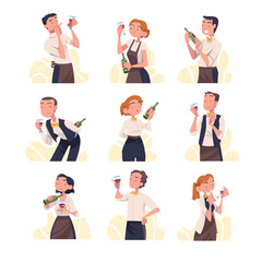 Man and Woman Sommelier as Wine Professional with Glass and Bottle of Drink Vector Set