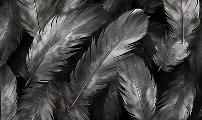  a black and white photo of a bunch of feathers that have been taken off of a tree in the woods for a photo ope.  generative ai