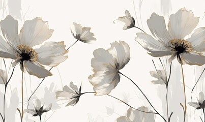  a painting of white flowers on a white background with a black and white design on the bottom of the image and bottom of the image.  generative ai