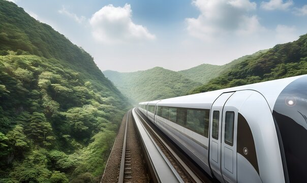  A White Train Traveling Through A Lush Green Forest Covered Mountain Side Covered In Clouds And Mist Covered Mountains In The Distance Are The Tops Of The Mountains.  Generative Ai