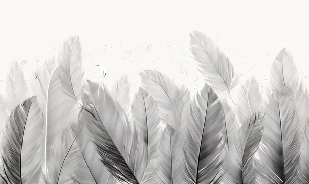 Fototapeta  a black and white photo of a bunch of feathers in the air with a white background and a black and white photo of a bunch of feathers in the air.  generative ai