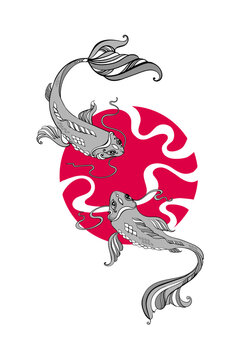Koi carp - Asian spiritual symbols. Goldfish with silver waves and Japanese character meaning Koi. It can be used for tattoo and embossing or print for interior. T-shirt design.