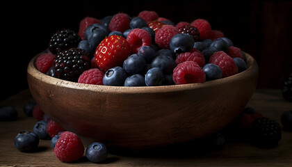 Ripe berry fruit bowl on rustic wood table generated by AI
