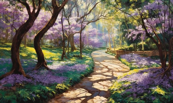  a painting of a path through a forest with purple flowers on the ground and trees on either side of the path and a stone walkway.  generative ai