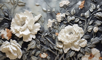  a close up of a wall with flowers and leaves painted on the side of the wall and on the wall is a black background with white flowers and gray leaves.  generative ai