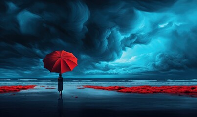  a person holding a red umbrella standing in the middle of a body of water under a cloudy sky with red seaweed in the foreground.  generative ai
