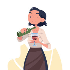 Fototapeta premium Woman Sommelier in Apron as Wine Professional with Glass and Bottle of Drink Vector Illustration