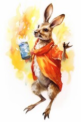Energetic kangaroo with a pouch full of joy watercolor. AI generated