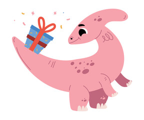 Cute Pink Dinosaur at Birthday Party with Gift Box Vector Illustration
