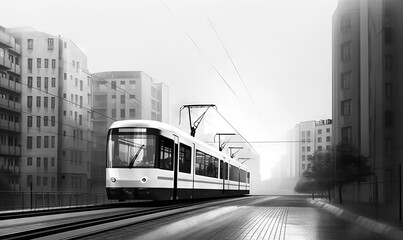  a black and white photo of a train on the tracks in a city with tall buildings in the background and a foggy sky above.  generative ai - obrazy, fototapety, plakaty
