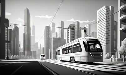  a white city bus driving down a street next to tall buildings and tall buildings in the distance with a bus on the road in front of the picture.  generative ai